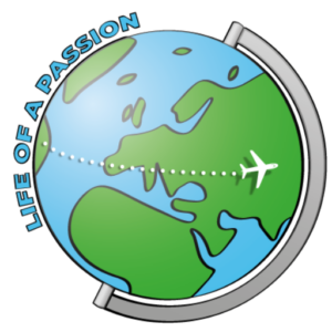logo life of a passion, e globe with a plane around it
